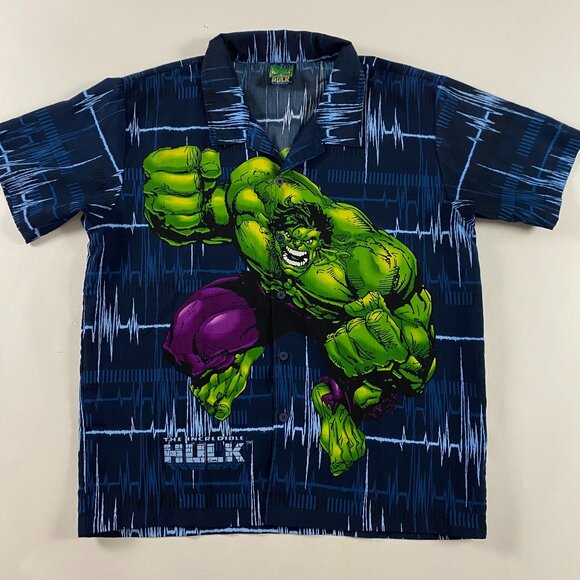 Vintage Y2K The Incredible Hulk Shirt Men's XL Button Up All Over Print Marvel - Picture 8 of 8